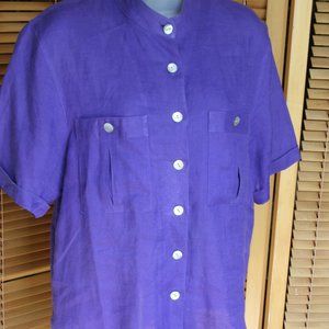 Doncaster Purple Button Down Short Sleeve Linen Blouse Size 8